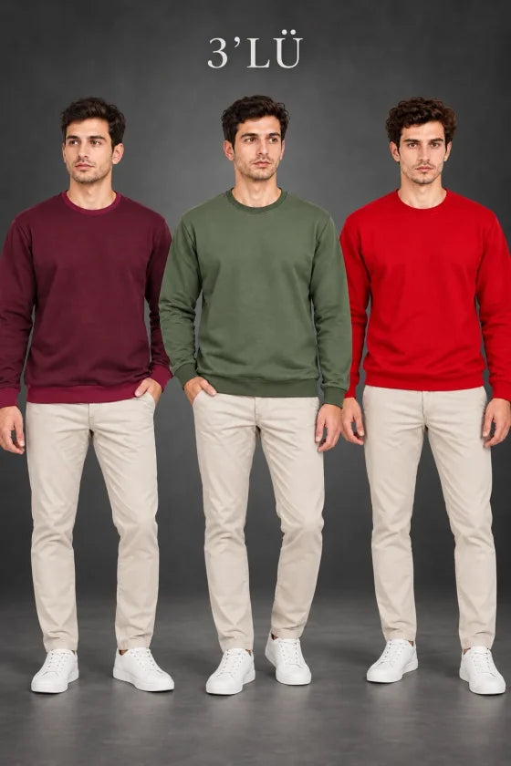 Erkek 3Lü Bisiklet Yaka İçi Şardonlu 2 İplik Düz Uzun Kollu Regular Fit Sweatshirt -Bordo - Gri - Kırmızı