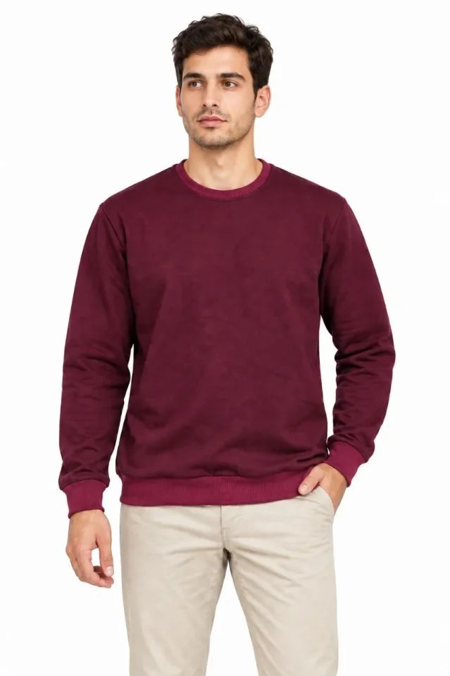 Erkek 3Lü Bisiklet Yaka İçi Şardonlu 2 İplik Düz Uzun Kollu Regular Fit Sweatshirt -Bordo - Gri - Kırmızı