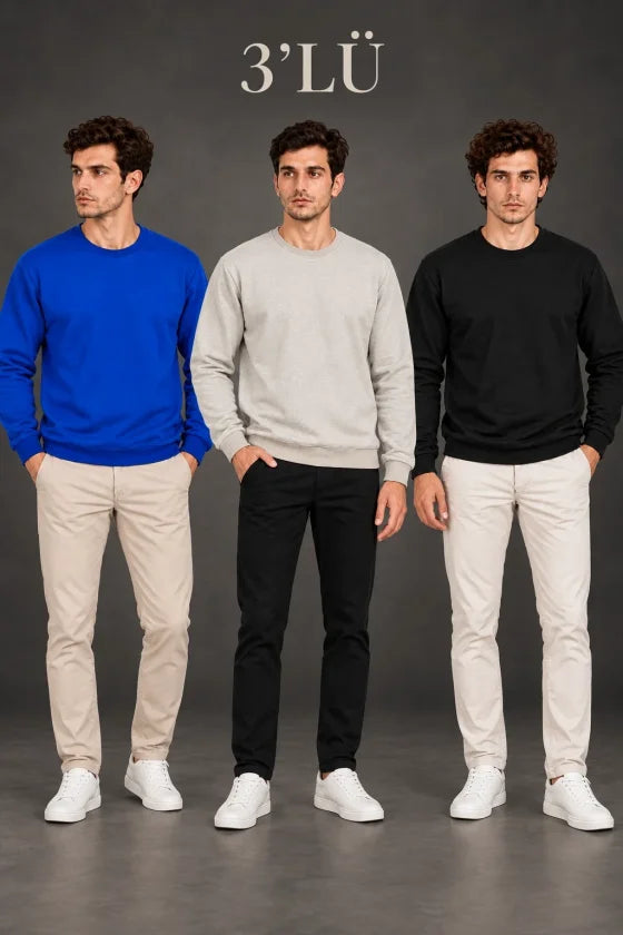 Erkek 3Lü Bisiklet Yaka İçi Şardonlu 2 İplik Düz Uzun Kollu Regular Fit Sweatshirt -Mavi - Gri - Siyah