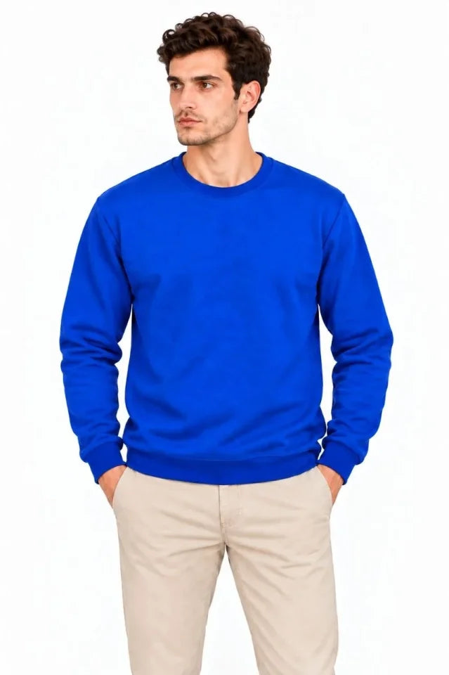 Erkek 3Lü Bisiklet Yaka İçi Şardonlu 2 İplik Düz Uzun Kollu Regular Fit Sweatshirt -Mavi - Gri - Siyah