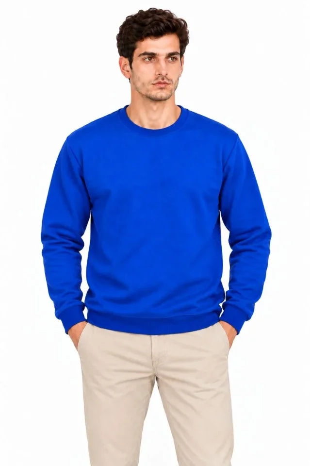 Erkek 3Lü Bisiklet Yaka İçi Şardonlu 2 İplik Düz Uzun Kollu Regular Fit Sweatshirt -Mavi - Gri - Siyah