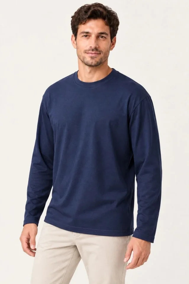 Erkek Modal Yumuşak Dokulu Bisiklet Yaka Uzun Kollu Tişört Sweatshirt - Lacivert