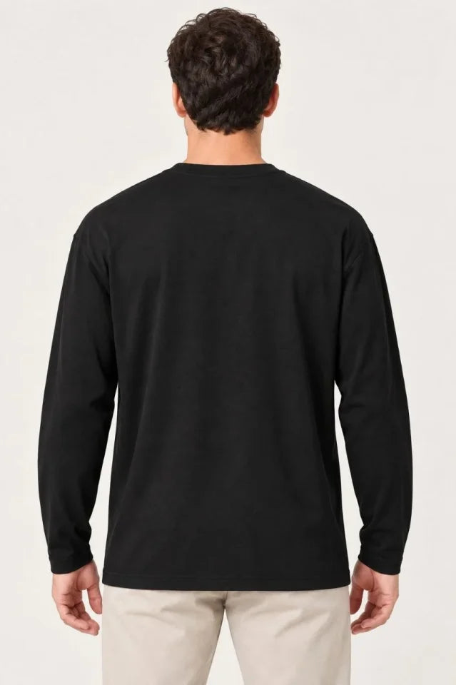 Erkek Modal Yumuşak Dokulu Bisiklet Yaka Uzun Kollu Tişört Sweatshirt - Siyah