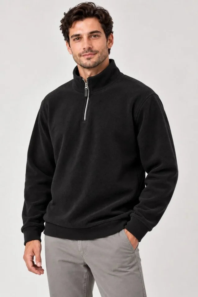 Erkek Polar Dik Yaka Yarım Fermuarlı Uzun Kollu Regular Fit Kışlık Sweatshirt - Siyah