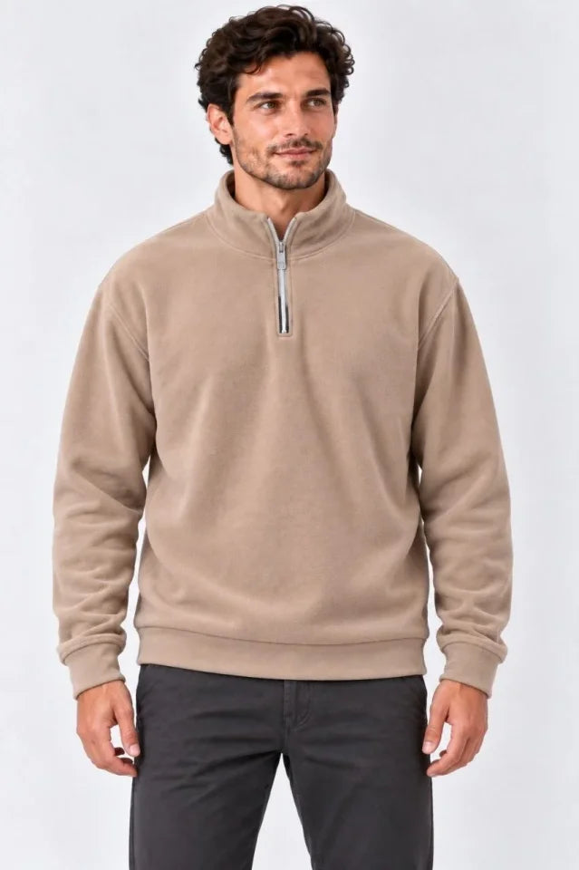 Erkek Polar Dik Yaka Yarım Fermuarlı Uzun Kollu Regular Fit Kışlık Sweatshirt - Bej