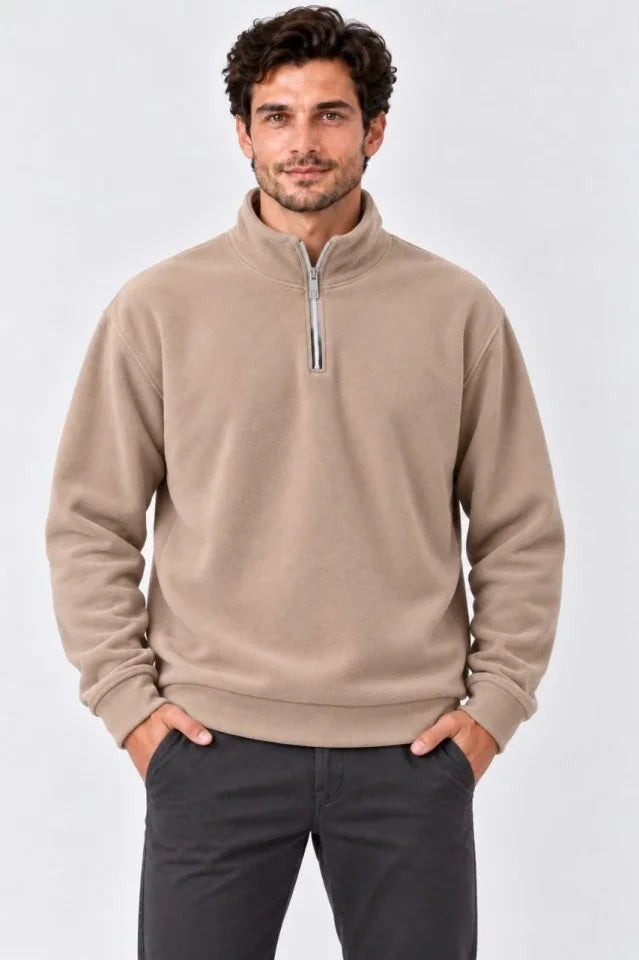 Erkek Polar Dik Yaka Yarım Fermuarlı Uzun Kollu Regular Fit Kışlık Sweatshirt - Bej