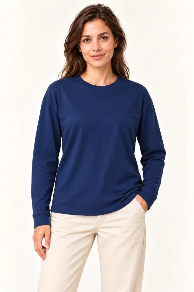 Modal Yumuşak Dokulu Bisiklet Yaka Uzun Kollu Tişört Sweatshirt - Lacivert