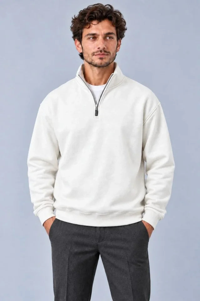 Erkek Üç İplik İçi Şardonlu Dik Yaka Yarım Fermuarlı Kışlık Sweatshirt - Beyaz