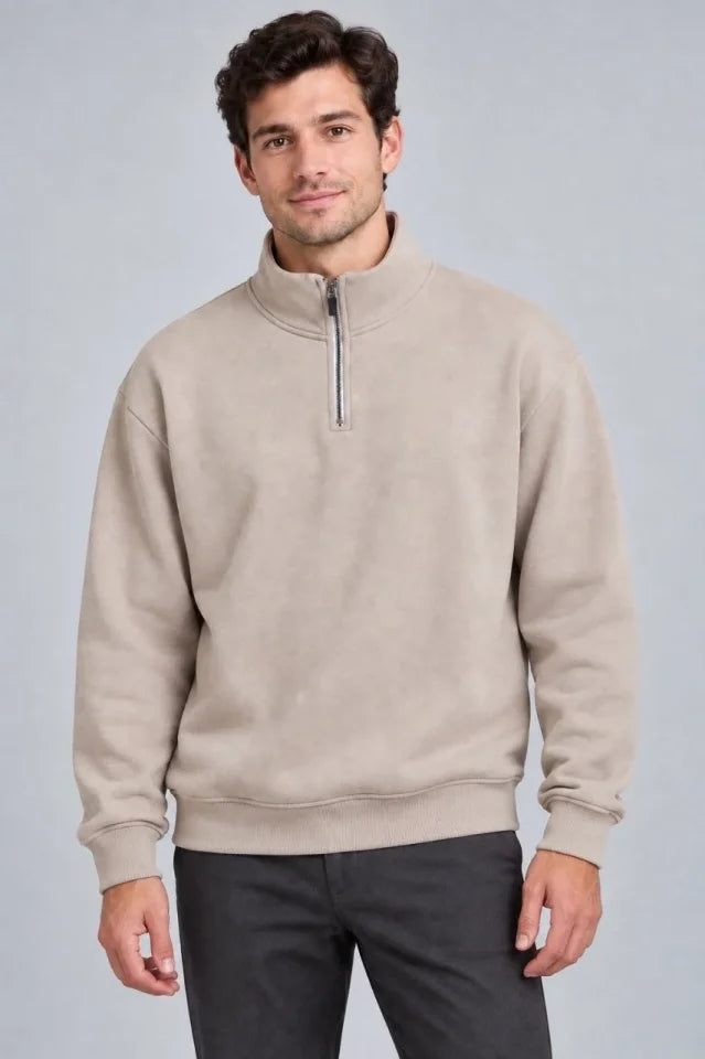 Erkek Üç İplik İçi Şardonlu Dik Yaka Yarım Fermuarlı Kışlık Sweatshirt - Bej