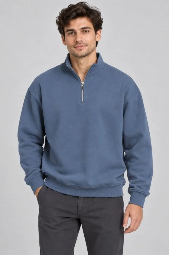 Erkek Üç İplik İçi Şardonlu Dik Yaka Yarım Fermuarlı Kışlık Sweatshirt - Mavi