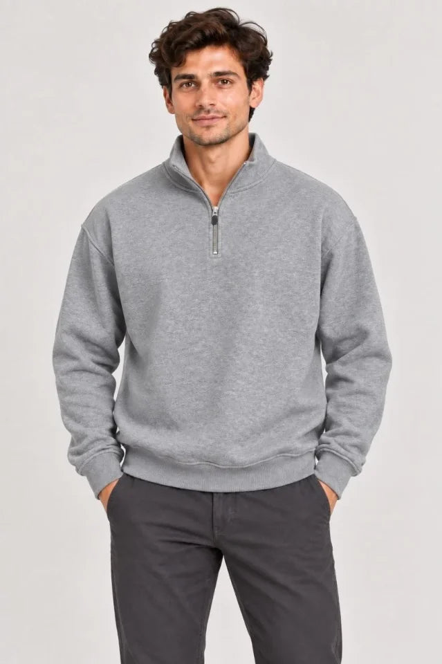 Erkek Üç İplik İçi Şardonlu Dik Yaka Yarım Fermuarlı Kışlık Sweatshirt - Grİ