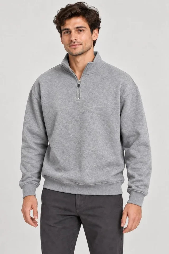 Erkek Üç İplik İçi Şardonlu Dik Yaka Yarım Fermuarlı Kışlık Sweatshirt - Grİ