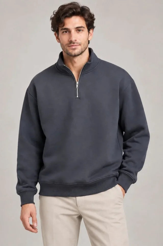 Erkek Üç İplik İçi Şardonlu Dik Yaka Yarım Fermuarlı Kışlık Sweatshirt - Füme