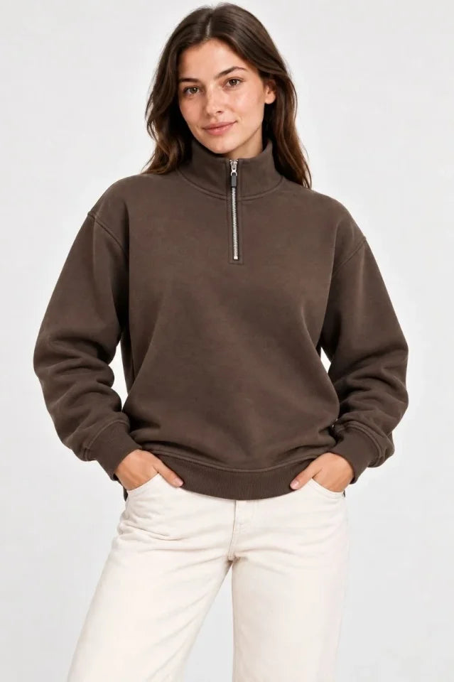 Üç İplik İçi Şardonlu Dik Yaka Yarım Fermuarlı Kışlık Sweatshirt - Kahverengi