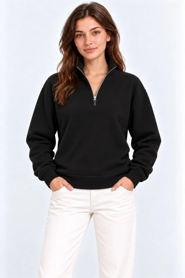 Üç İplik İçi Şardonlu Dik Yaka Yarım Fermuarlı Kışlık Sweatshirt - Siyah