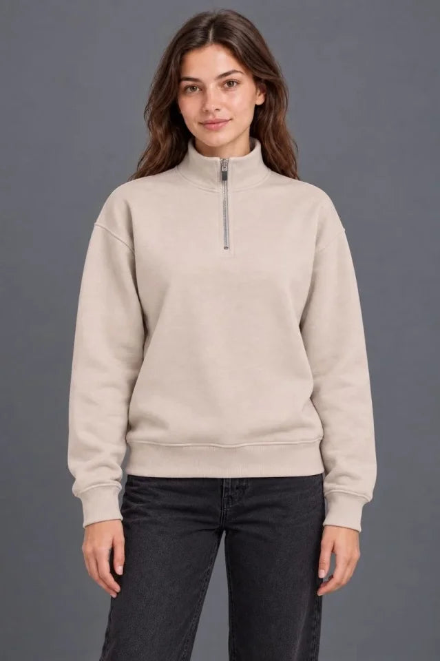 Üç İplik İçi Şardonlu Dik Yaka Yarım Fermuarlı Kışlık Sweatshirt - Bej