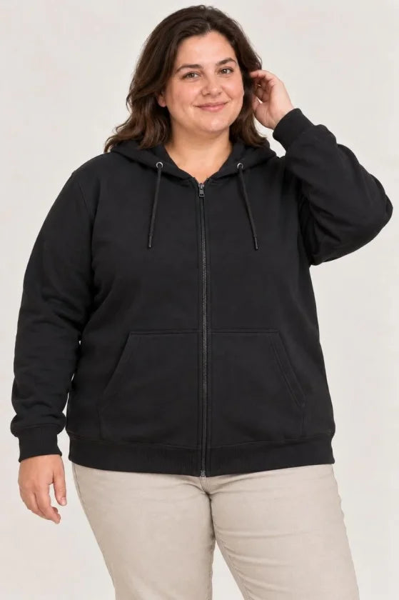 Battal Büyük Beden Üç İplik İçi Şardonlu Kapüşonlu Tam Fermuarlı Kışlık Sweatshirt - Siyah