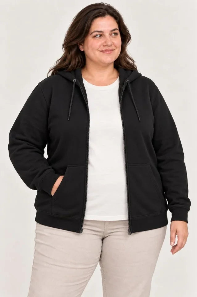 Battal Büyük Beden Üç İplik İçi Şardonlu Kapüşonlu Tam Fermuarlı Kışlık Sweatshirt - Siyah