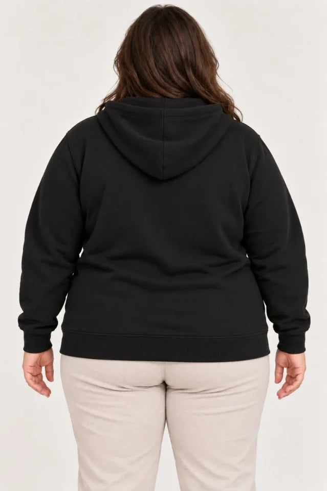 Battal Büyük Beden Üç İplik İçi Şardonlu Kapüşonlu Tam Fermuarlı Kışlık Sweatshirt - Siyah