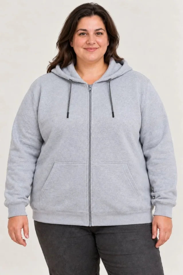 Battal Büyük Beden Üç İplik İçi Şardonlu Kapüşonlu Tam Fermuarlı Kışlık Sweatshirt - Gri