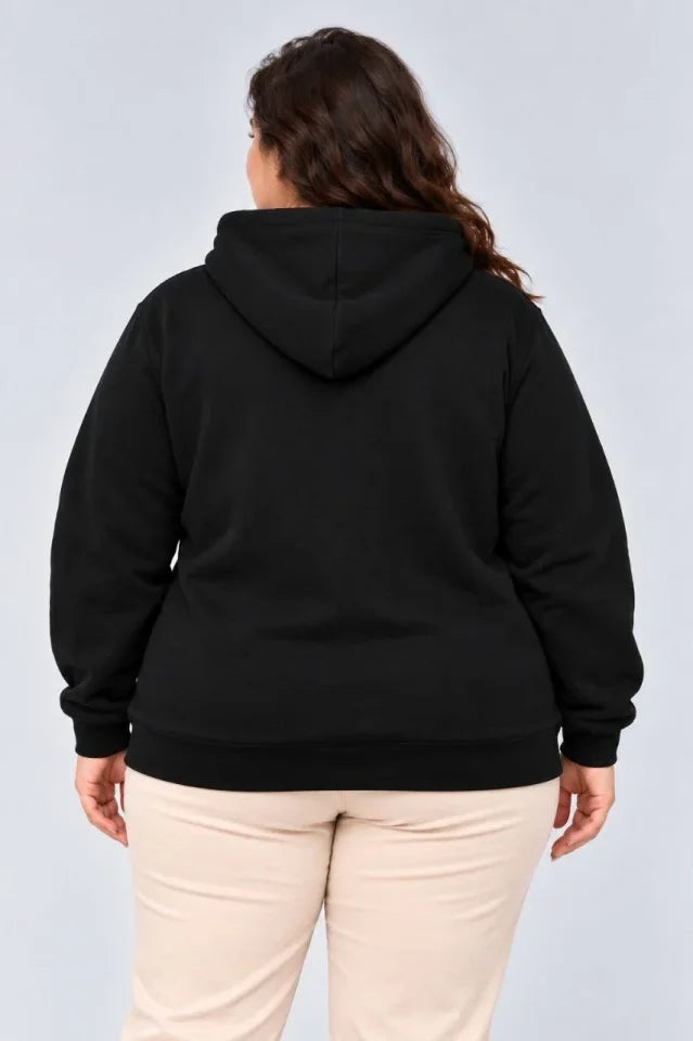 Battal Büyük Beden Üç İplik İçi Şardonlu Kapüşonlu Kanguru Cepli Kışlık Sweatshirt - Siyah