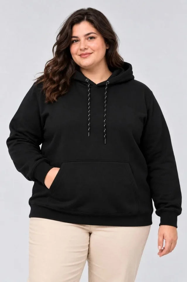 Battal Büyük Beden Üç İplik İçi Şardonlu Kapüşonlu Kanguru Cepli Kışlık Sweatshirt - Siyah