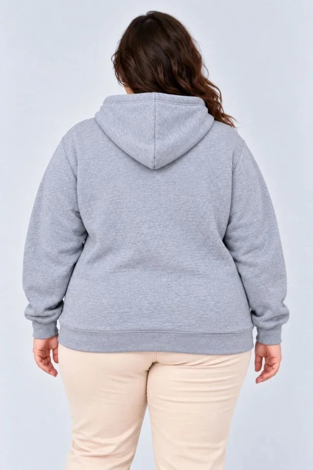 Battal Büyük Beden Üç İplik İçi Şardonlu Kapüşonlu Kanguru Cepli Kışlık Sweatshirt - Gri
