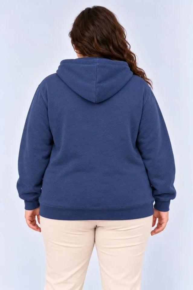 Battal Büyük Beden Üç İplik İçi Şardonlu Kapüşonlu Kanguru Cepli Kışlık Sweatshirt - Lacivert