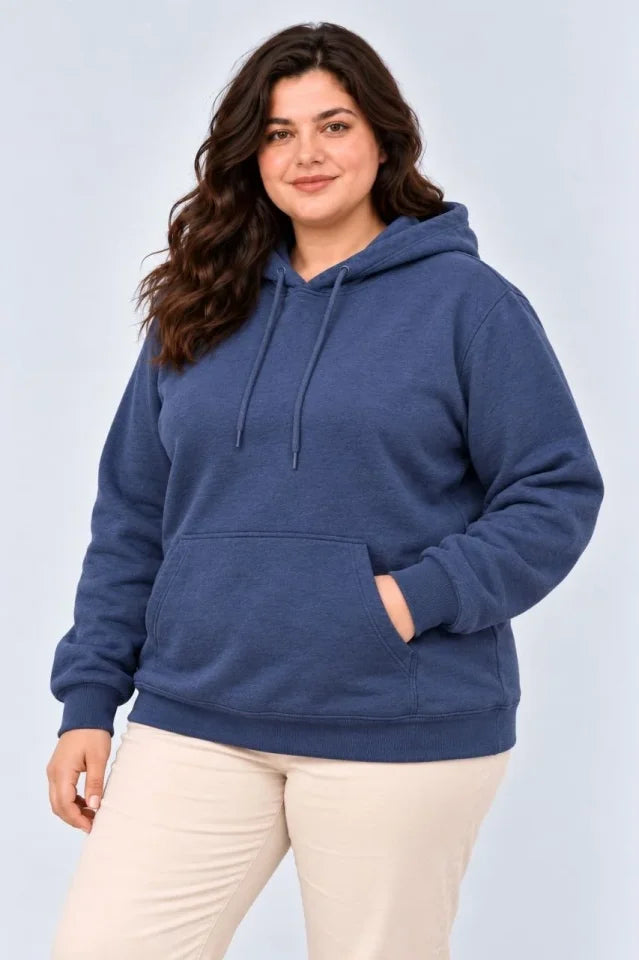 Battal Büyük Beden Üç İplik İçi Şardonlu Kapüşonlu Kanguru Cepli Kışlık Sweatshirt - Lacivert