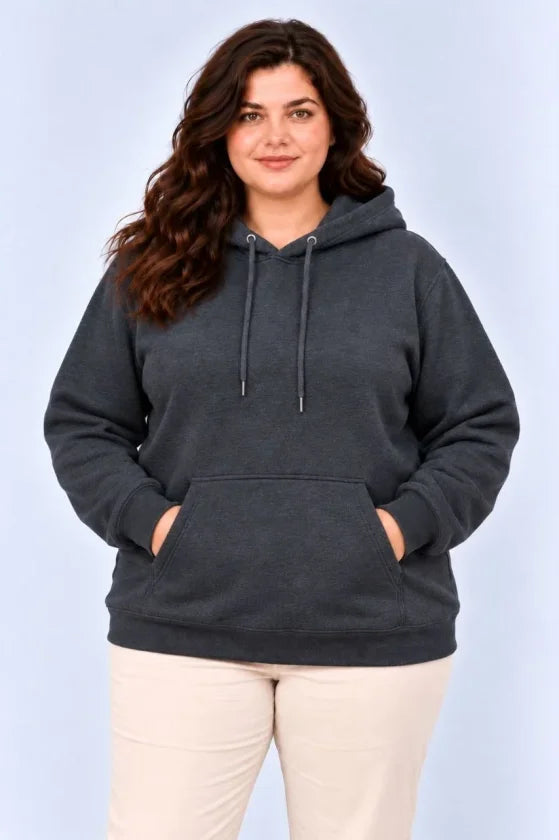 Battal Büyük Beden Üç İplik İçi Şardonlu Kapüşonlu Kanguru Cepli Kışlık Sweatshirt - Füme