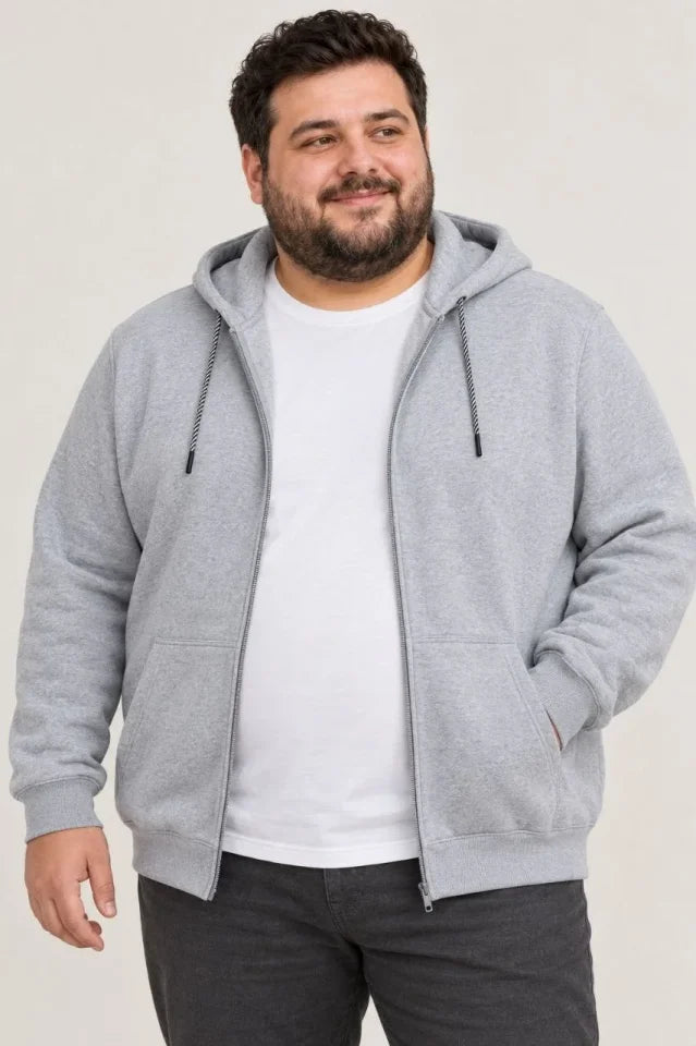 Erkek Battal Büyük Beden Üç İplik İçi Şardonlu Kapüşonlu Tam Fermuarlı Kışlık Sweatshirt - Gri