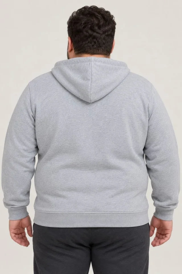 Erkek Battal Büyük Beden Üç İplik İçi Şardonlu Kapüşonlu Tam Fermuarlı Kışlık Sweatshirt - Gri