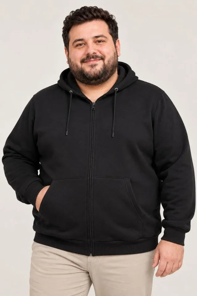 Erkek Battal Büyük Beden Üç İplik İçi Şardonlu Kapüşonlu Tam Fermuarlı Kışlık Sweatshirt - Siyah