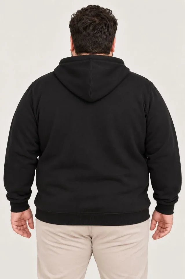 Erkek Battal Büyük Beden Üç İplik İçi Şardonlu Kapüşonlu Tam Fermuarlı Kışlık Sweatshirt - Siyah