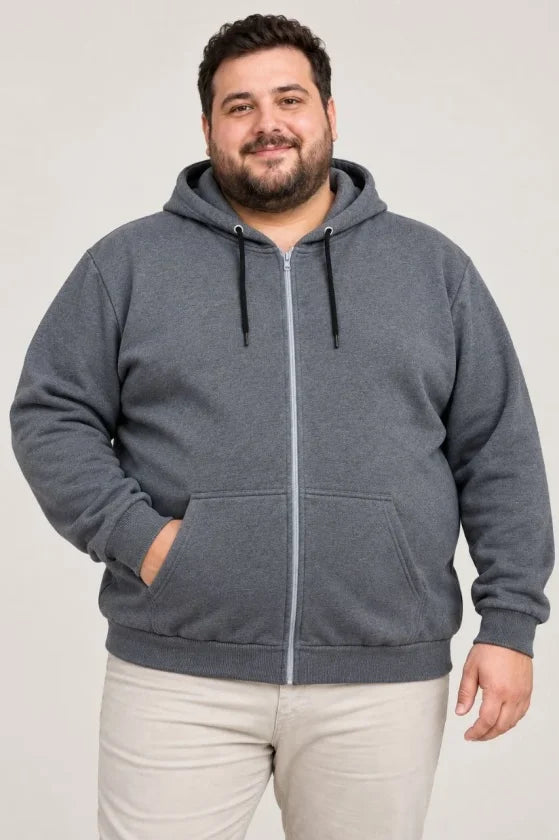 Erkek Battal Büyük Beden Üç İplik İçi Şardonlu Kapüşonlu Tam Fermuarlı Kışlık Sweatshirt - Füme