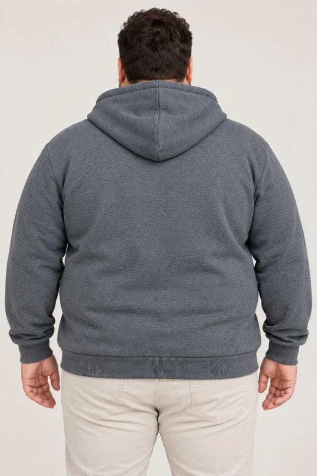 Erkek Battal Büyük Beden Üç İplik İçi Şardonlu Kapüşonlu Tam Fermuarlı Kışlık Sweatshirt - Füme
