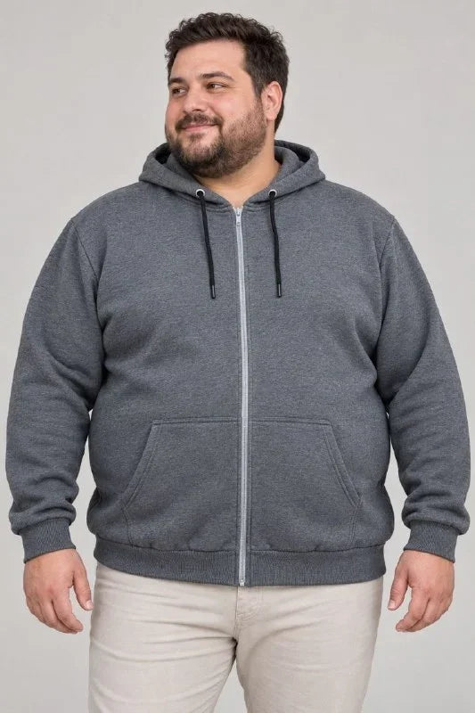Erkek Battal Büyük Beden Üç İplik İçi Şardonlu Kapüşonlu Tam Fermuarlı Kışlık Sweatshirt - Füme