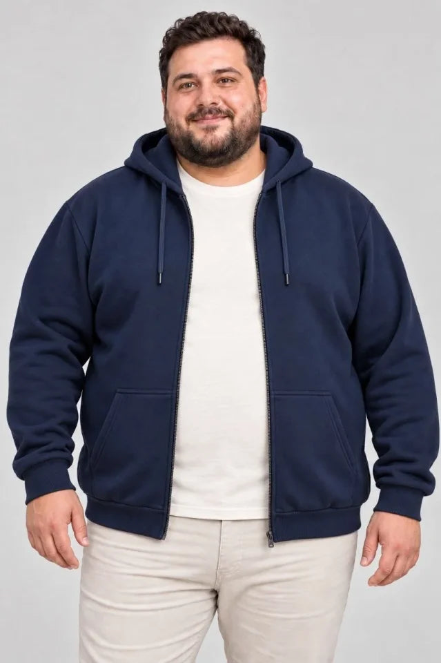 Erkek Battal Büyük Beden Üç İplik İçi Şardonlu Kapüşonlu Tam Fermuarlı Kışlık Sweatshirt - Lacivert