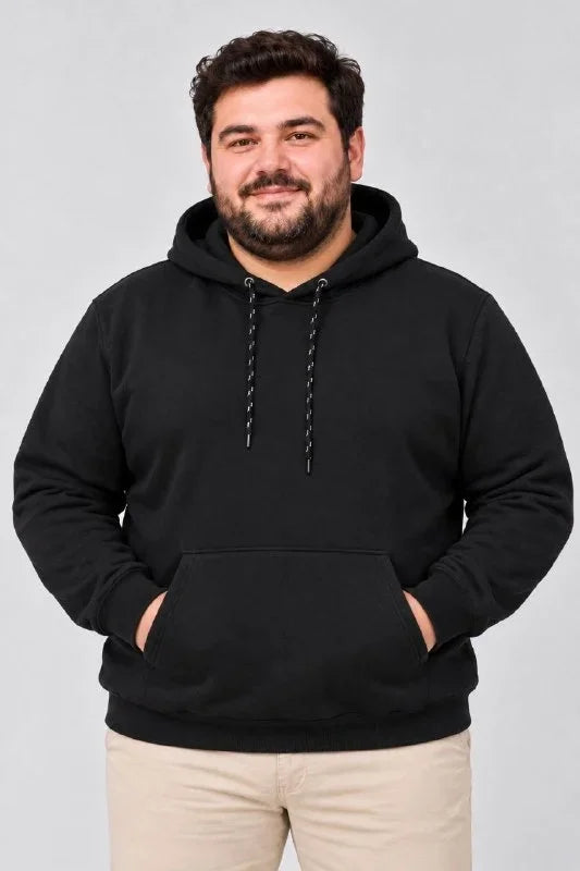 Erkek Battal Büyük Beden Üç İplik İçi Şardonlu Kapüşonlu Kanguru Cepli Kışlık Sweatshirt - Siyah