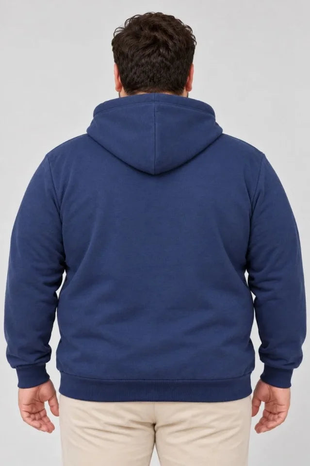 Erkek Battal Büyük Beden Üç İplik İçi Şardonlu Kapüşonlu Kanguru Cepli Kışlık Sweatshirt - Lacivert