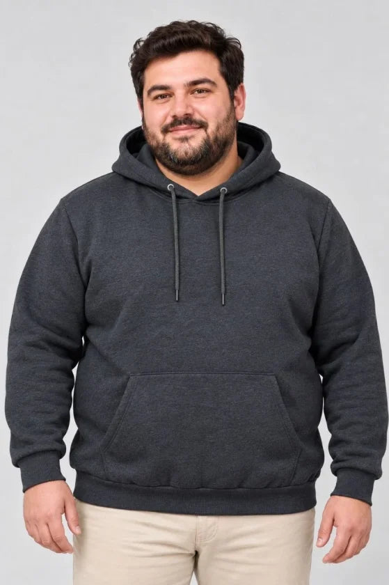 Erkek Battal Büyük Beden Üç İplik İçi Şardonlu Kapüşonlu Kanguru Cepli Kışlık Sweatshirt - Füme
