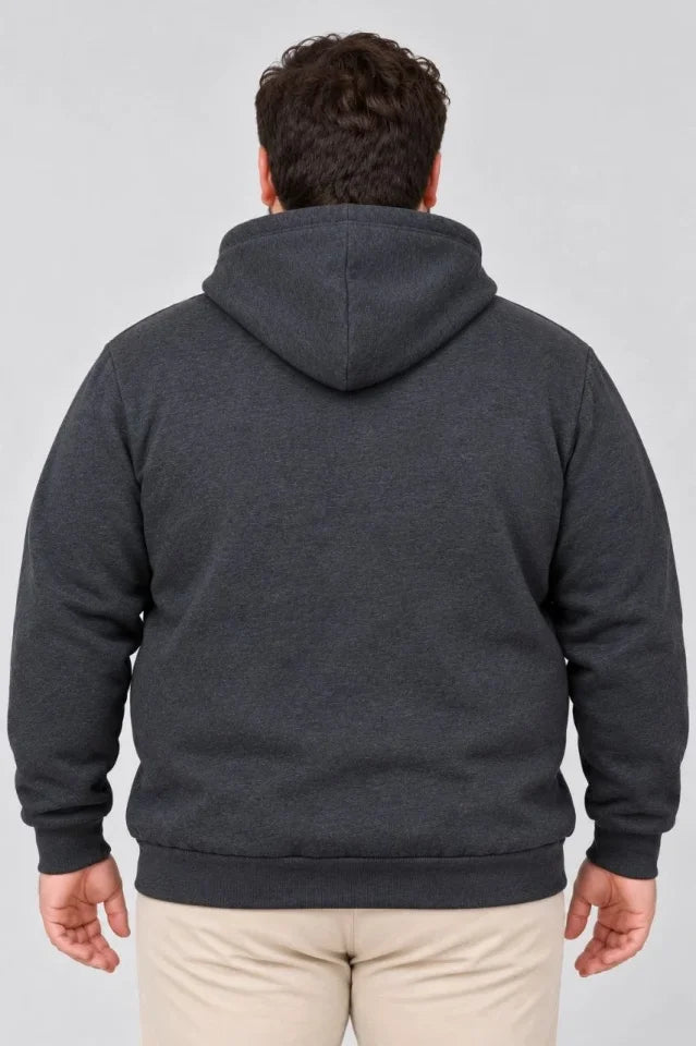 Erkek Battal Büyük Beden Üç İplik İçi Şardonlu Kapüşonlu Kanguru Cepli Kışlık Sweatshirt - Füme