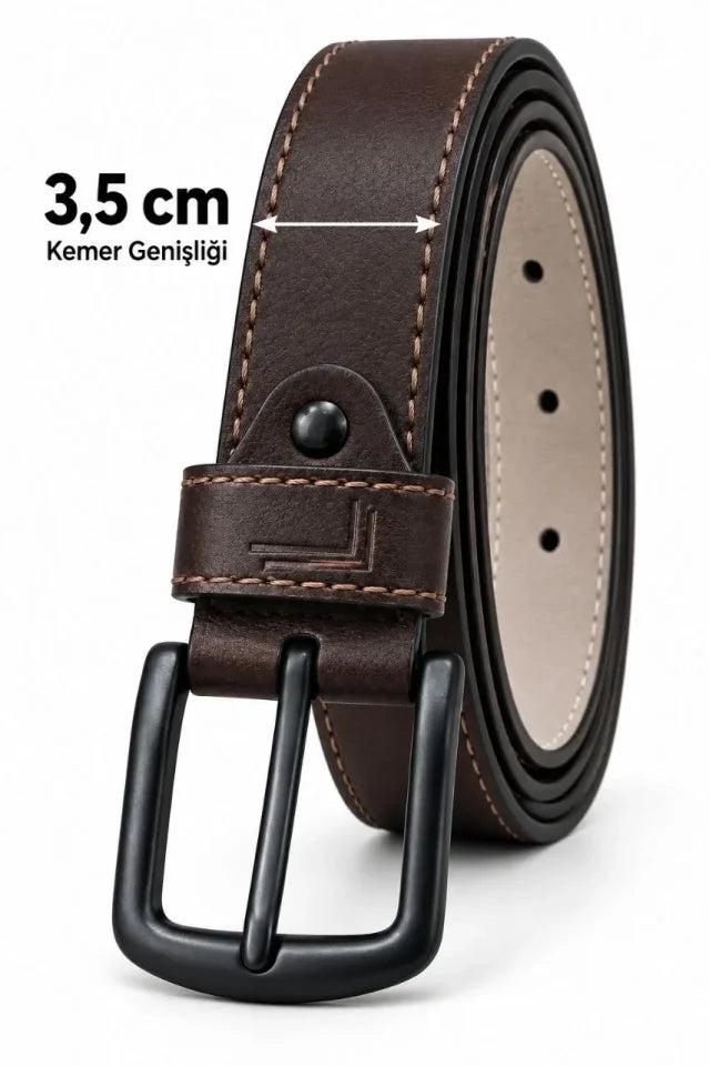 Erkek Kahverengi 3,5 Cm Dikiş Detaylı Metal Tokalı Kot Ve Kumaş Pantolon Kemeri
