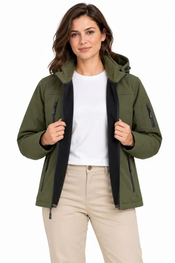 Su Geçirmez Softshell İçi Polar Astarlı Çıkarılabilir Kapüşonlu 4 Cepli Mont Ceket - Haki