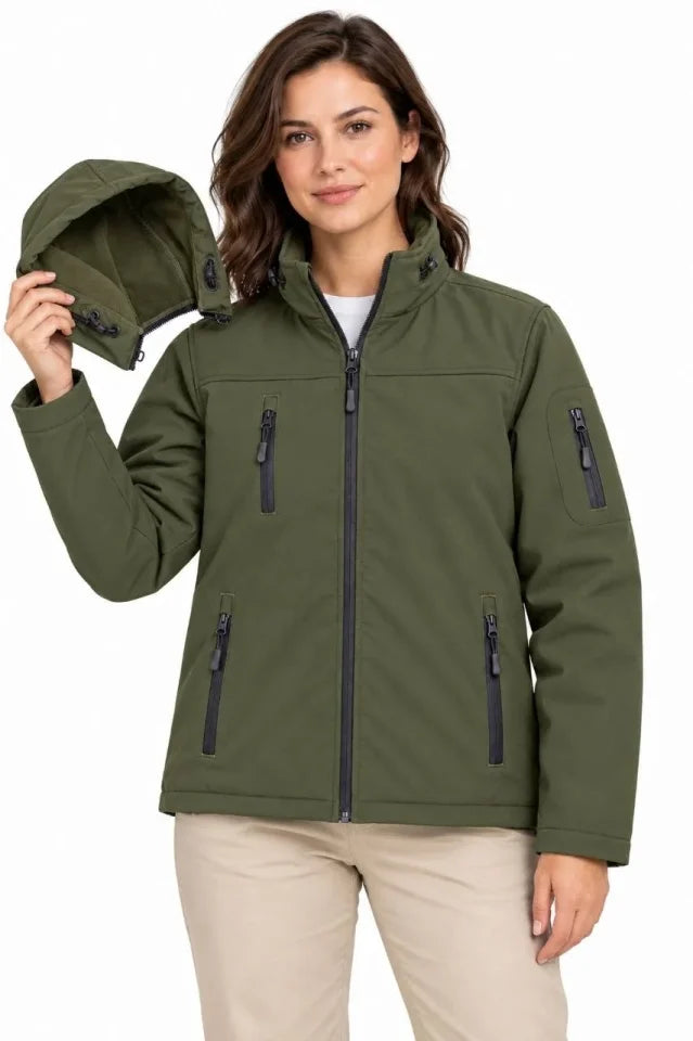Su Geçirmez Softshell İçi Polar Astarlı Çıkarılabilir Kapüşonlu 4 Cepli Mont Ceket - Haki