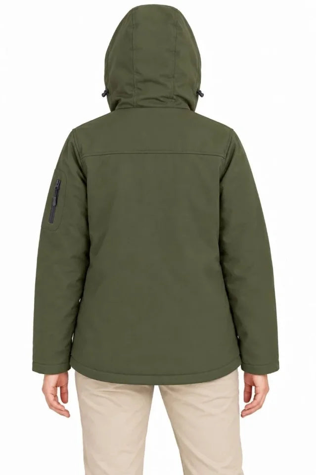 Su Geçirmez Softshell İçi Polar Astarlı Çıkarılabilir Kapüşonlu 4 Cepli Mont Ceket - Haki