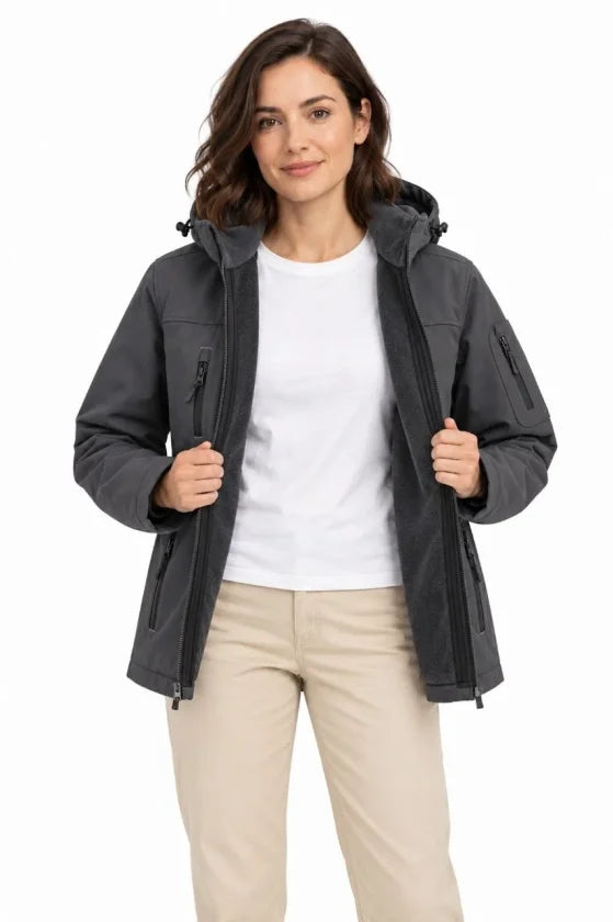 Su Geçirmez Softshell İçi Polar Astarlı Çıkarılabilir Kapüşonlu 4 Cepli Mont Ceket - Füme