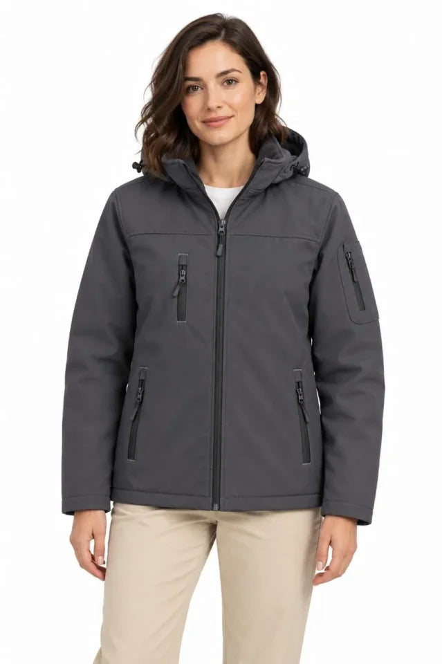 Su Geçirmez Softshell İçi Polar Astarlı Çıkarılabilir Kapüşonlu 4 Cepli Mont Ceket - Füme