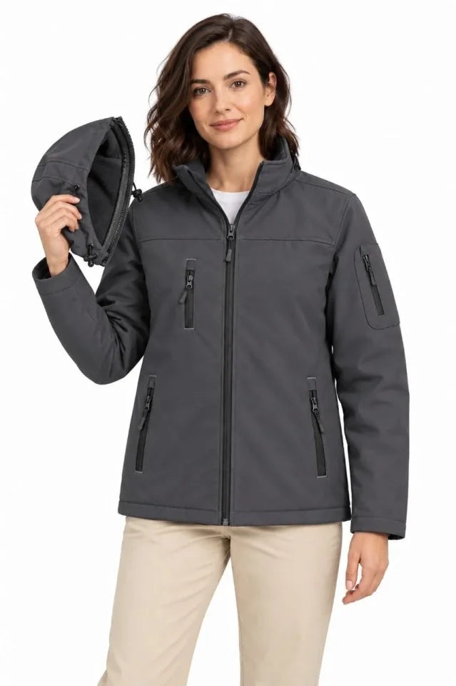 Su Geçirmez Softshell İçi Polar Astarlı Çıkarılabilir Kapüşonlu 4 Cepli Mont Ceket - Füme