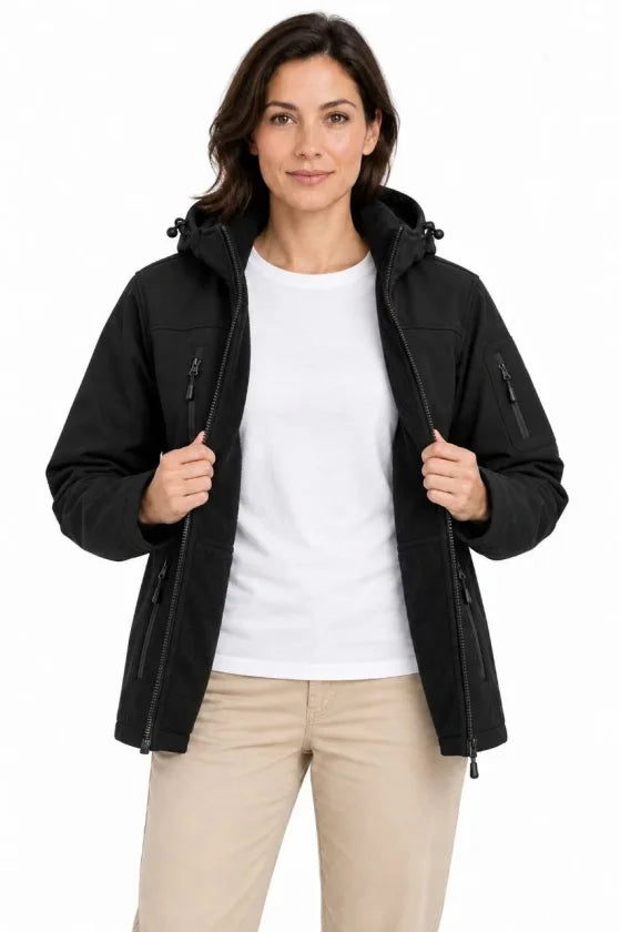 Su Geçirmez Softshell İçi Polar Astarlı Çıkarılabilir Kapüşonlu 4 Cepli Mont Ceket - Siyah